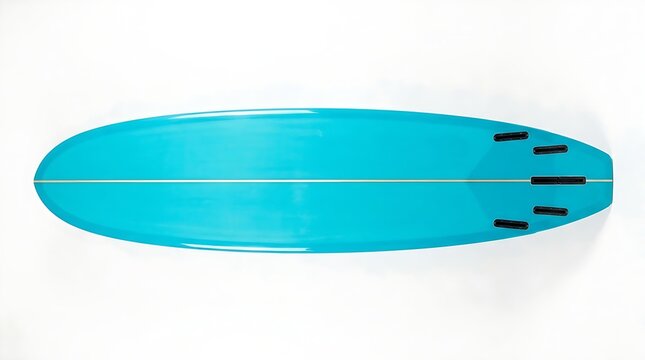 Turquoise surfboard with central wooden stringer and fin setup isolated on white background space.