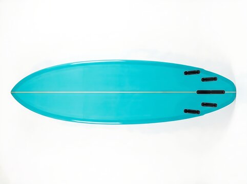 Glossy turquoise surfboard bottom view with five fin boxes isolated on a pure white surface.