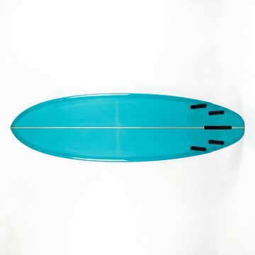 Vibrant turquoise surfboard showing stringer and black fin boxes isolated against a clean white backdrop.
