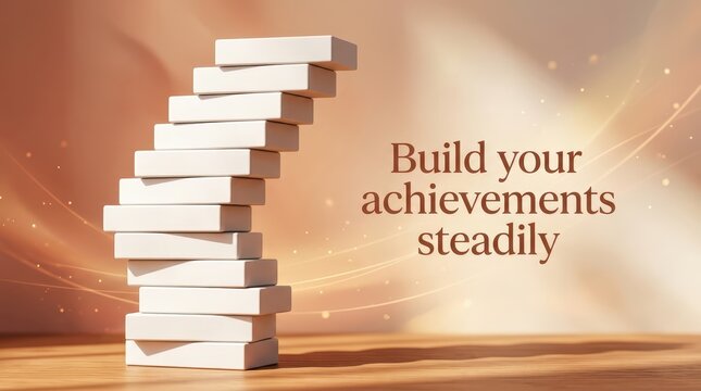 A precarious stack of white blocks forming a staircase against a warm, glowing background, symbolizing growth and achievement