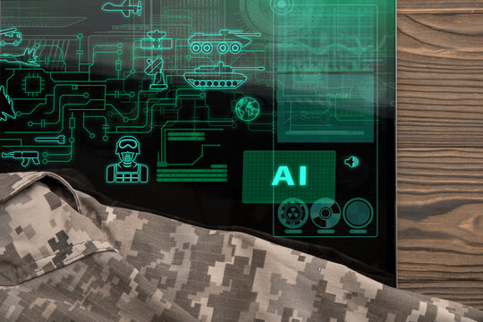 Defense technology concept featuring a military laptop with artificial intelligence analyzing battlefield information, tactical planning and digital command systems.