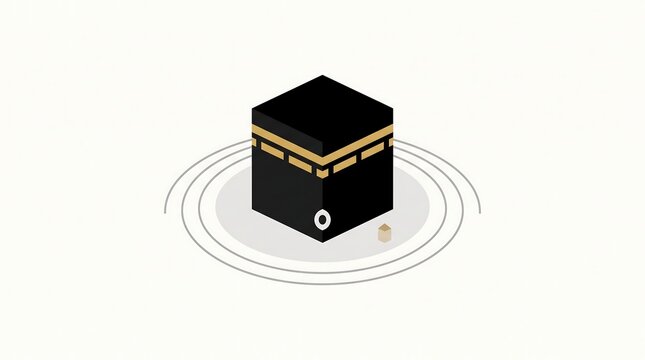 Isometric 3D view of Kaaba in Makkah with circular ground design for Hajj and Umrah pilgrimage themes and islamic architecture concept