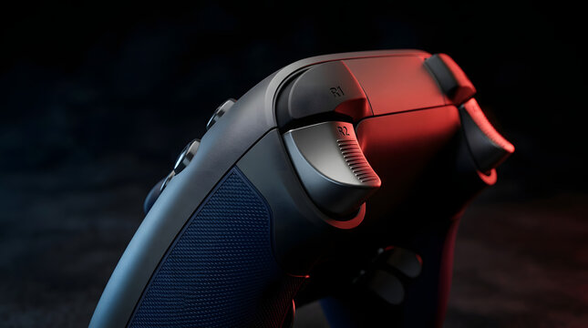 Modern gaming controller with red and black design.