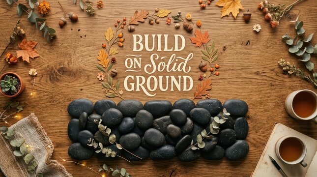 Build on Solid Ground - Autumnal flat lay with stones, leaves, acorns, and tea creating a cozy and inspiring scene