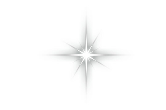 White sparkle starburst light effect with a bright center and delicate radiant rays. Elegant luminous accent suits overlays, backgrounds, photography, cosmetics, festive graphics, and design. Vector.