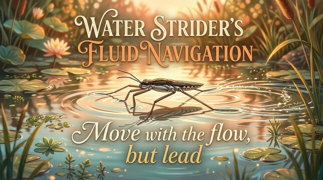 A water strider glides effortlessly across a calm pond surface, surrounded by lily pads and reeds, capturing the essence of fluid navigation and leade