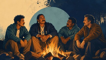Obraz premium Native American man relaxing beside a campfire with male friends