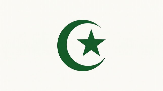 Minimalist green crescent moon and star symbol isolated on light background