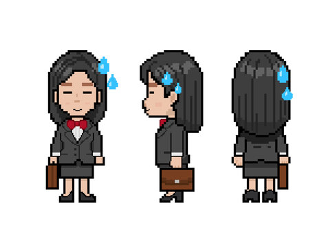 Pixel art illustration of a working woman sweating under pressure