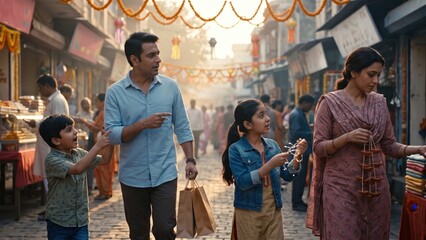 Obraz premium Indian Family Shopping at Festive Market – Cultural Celebration