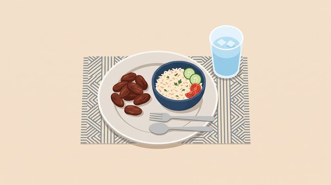 Balanced meal with dates and rice for Iftar during the month of Ramadan