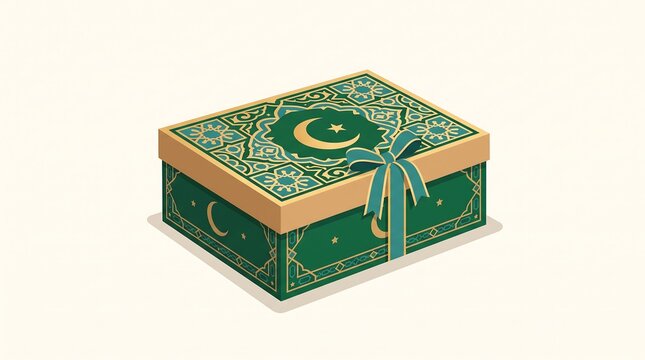 Isometric gift box decorated with crescent moon and star for holiday celebrations