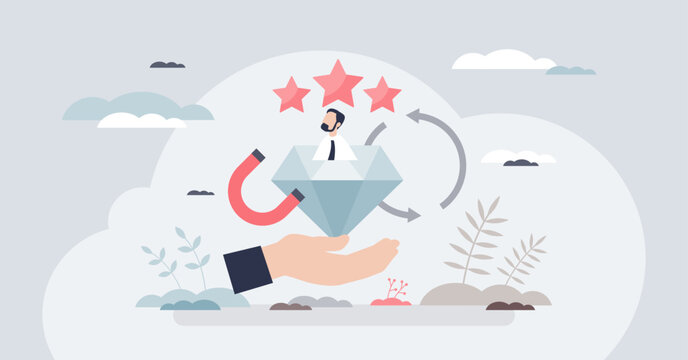 Employer branding talent magnet shows attracting top candidates and valuing people, diamond, magnet, and hand symbolize value, pull, and support. Tiny style