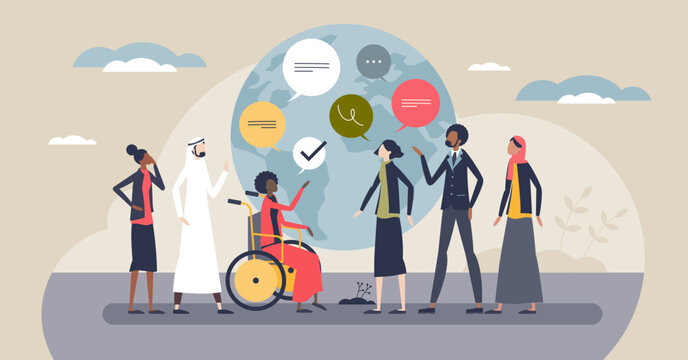 Intercultural communication illustrated by a diverse group around a globe with chat bubbles, symbolizing dialogue and inclusion, key objects, globe, speech bubbles, people. Tiny style