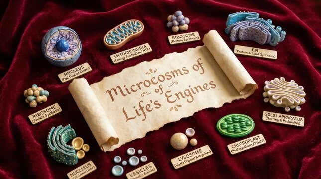 Educational Cell Biology Models: Nucleus, Mitochondria, Ribosomes, ER, Golgi, Chloroplast, Lysosome, Vesicles on Red Fabric