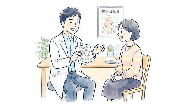 医師 説明 診察 カウンセリング 医療 病院 相談 水彩 イラスト