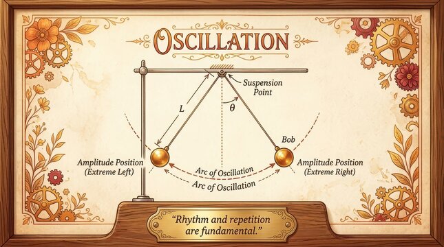 Educational diagram illustrating the physics of oscillation with a pendulum, featuring decorative elements and educational labels