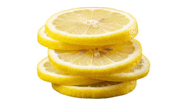Stack of fresh lemon slices, vibrant yellow citrus fruit PNG isolated on transparent background, for food and beverage designs