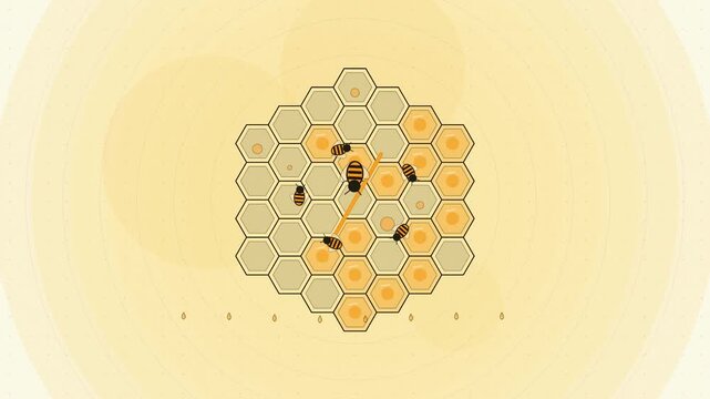 Abstract animated bee waggle dance comb drawn as yellow and gold lines and shapes on a bright, clean light background. Seamless looping 4K motion graphics video with free space for text, ideal for sci
