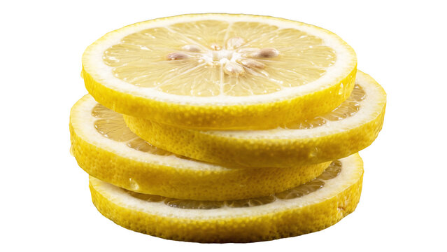 Stack of fresh lemon slices, vibrant yellow citrus fruit PNG isolated on transparent background, for food and beverage designs