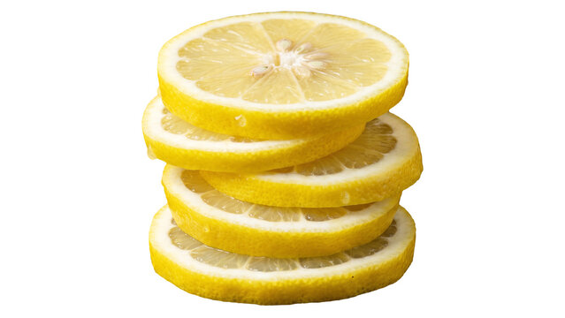 Stack of fresh lemon slices, vibrant yellow citrus fruit PNG isolated on transparent background, for food and beverage designs