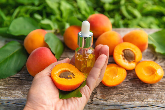 Apricot kernel oil in a bottle. Selective focus.