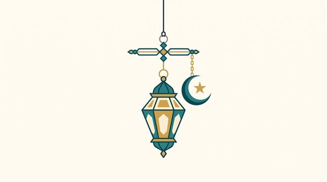 Traditional hanging lantern with crescent moon and star symbol vector illustration isolated on soft cream background for Ramadan