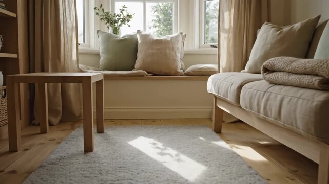 Sunlit Nordic lounge with linen seating, knitted throw, oak side table, cushioned bay window, soft wool rug, leafy vase, and a calm neutral decor creating an intimate home retreat in daylight