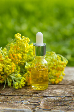 Helichrysum extract in a bottle and capsules. Selective focus.