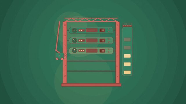 Abstract animated recursion stack trays drawn as green and teal lines and shapes on a deep dark background. Seamless looping 4K motion graphics video with free space for text, ideal for technology exp