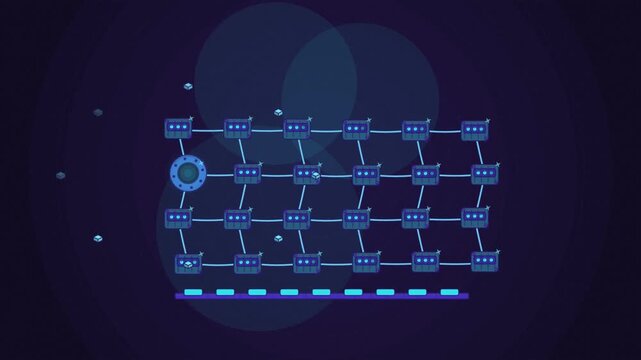 Abstract animated breadth first search frontier flooding drawn as blue and cyan lines and shapes on a deep dark background. Seamless looping 4K motion graphics video with free space for text, ideal fo