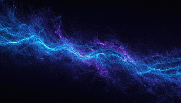 Diagonal blue and purple energy plasma streak crossing a black background. Glowing particle lightning banner overlay for sci-fi visuals, futuristic technology design and dynamic motion graphics