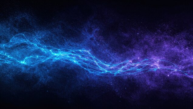 Glowing blue and purple particle energy stream flowing on a dark background. Horizontal light wave banner overlay for sci-fi energy flows, cosmic nebula design and futuristic technology visuals