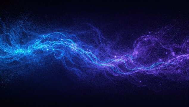 Blue and violet plasma energy wave with glowing particle dust on black. Wide horizontal light stream banner for futuristic technology backgrounds, cosmic overlays and sci-fi motion design