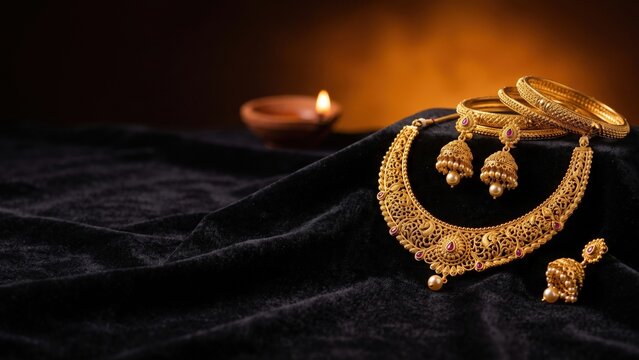 Dhanteras Gold Jewelry Display &ndash; Luxury Dark Velvet Banner