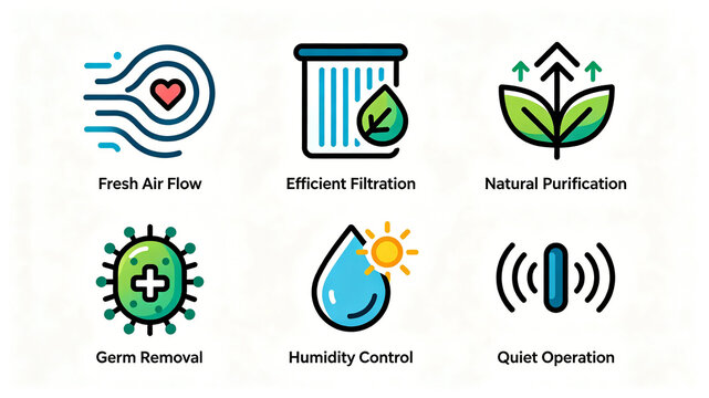 Air purification function icon, representing fresh air circulation, bacterial filtration and noise reduction, suitable for purifier detail pages and home appliance promotional posters.
