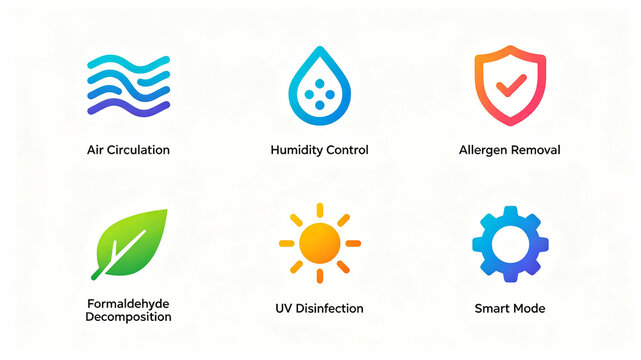 Representing the concept of cyclic humidity control and aldehyde removal and disinfection and sterilization, it is applicable to e-commerce details and smart home appliance publicity materials.

