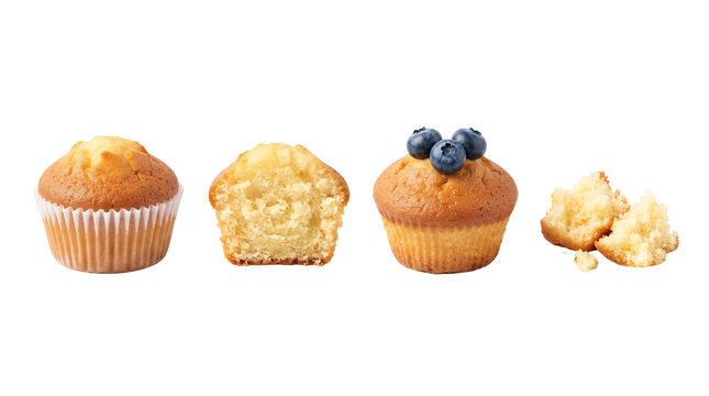 Freshly baked blueberry muffins and crumbly muffin pieces white background with muffin halves, muffin crumbs, sweet pastry white background