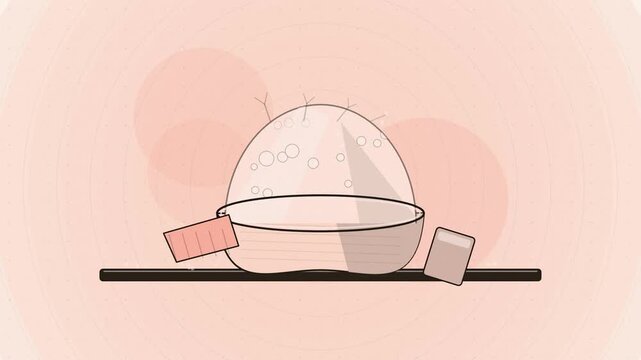 Abstract animated dough proofing bowl drawn as coral and magenta lines and shapes on a bright, clean light background. Seamless looping 4K motion graphics video with free space for text, ideal for tit