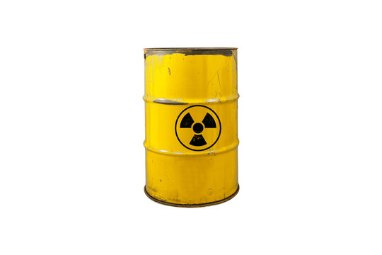 Yellow barrel with radioactive waste. Nuclear warning sign. Rusty dangerous barrel with radionuclide, hazardous toxins on isolated background
