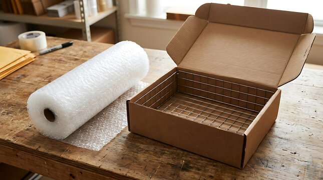 Minimalist packaging mockup with bubble wrap roll and cardboard box on wooden surface