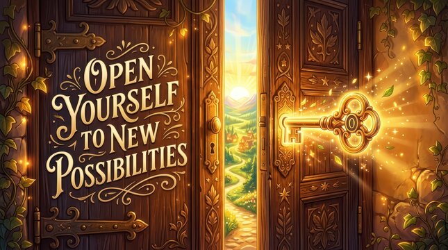 An ornate wooden door is opened by a glowing golden key, revealing a sunlit landscape, symbolizing new opportunities and possibilities.