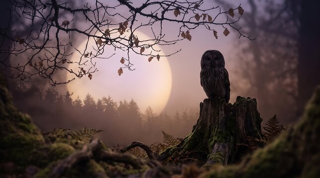 Mysterious owl sitting on mossy stump in foggy forest with full moon