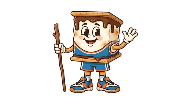 Happy smores vector mascot character hiking with a walking stick