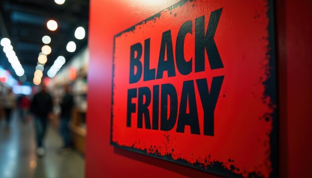 black friday retail sign on red display with distressed typography in busy shopping mall, blurred shoppers and bokeh lights in background,