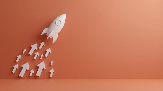 3D white rocket launch with arrows on orange background