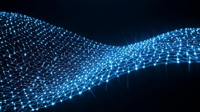 Abstract glowing blue particles forming a fluid wave motion against a dark background with cinematic lighting