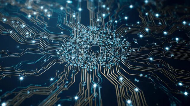 Abstract glowing data network expanding with glowing particles in deep blue digital space