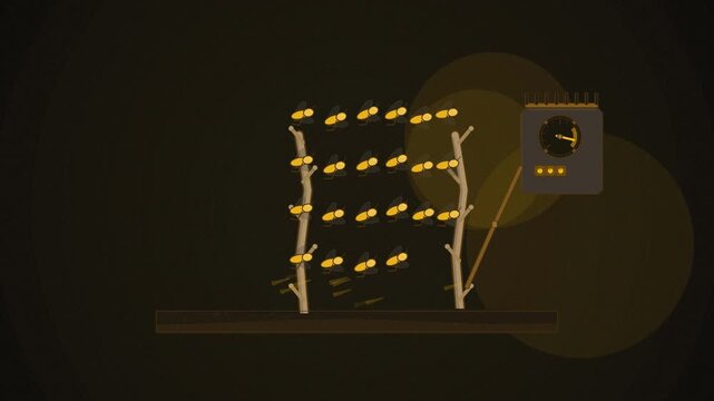 Abstract animated locust phase change drawn as amber and orange lines and shapes on a deep dark background. Seamless looping 4K motion graphics video with free space for text, ideal for science commun