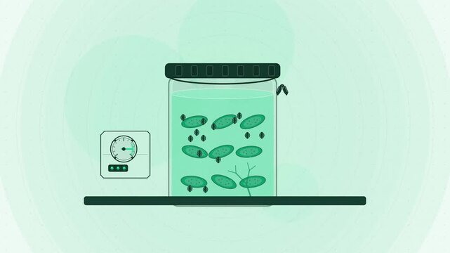 Abstract animated pickling brine osmosis drawn as green and teal lines and shapes on a bright, clean light background. Seamless looping 4K motion graphics video with free space for text, ideal for tit